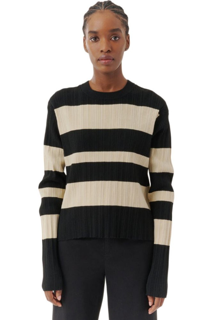 Sweaters ATM AnthonyThomas Melillo | Atm Viscose Varigated Stripe Sweater In Linen-Black