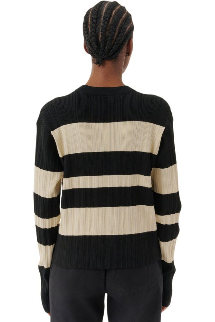 Sweaters ATM AnthonyThomas Melillo | Atm Viscose Varigated Stripe Sweater In Linen-Black