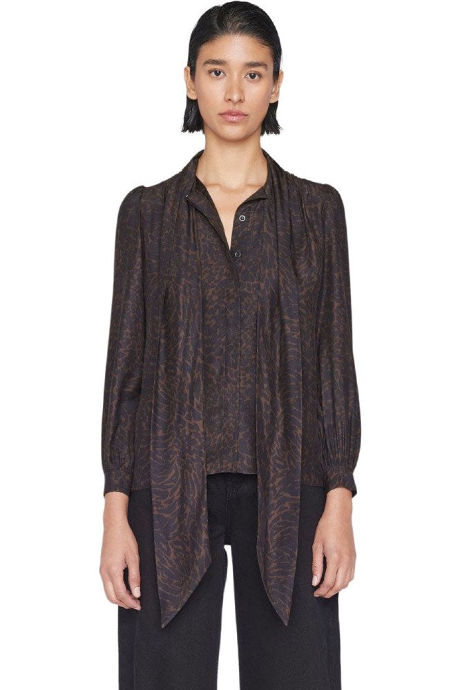 Tops Frame Denim | Frame Denim Femme Tie Neck Blouse In Espresso Multi