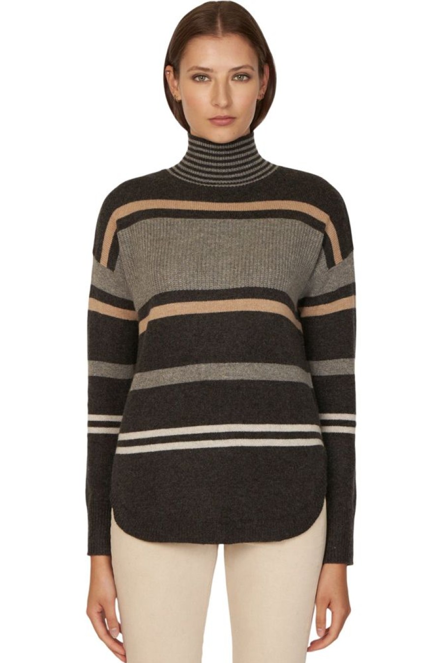 Sweaters AUTUMN CASHMERE | Autumn Cashmere Striped Mock W/ Shirttail In Pepper Combo