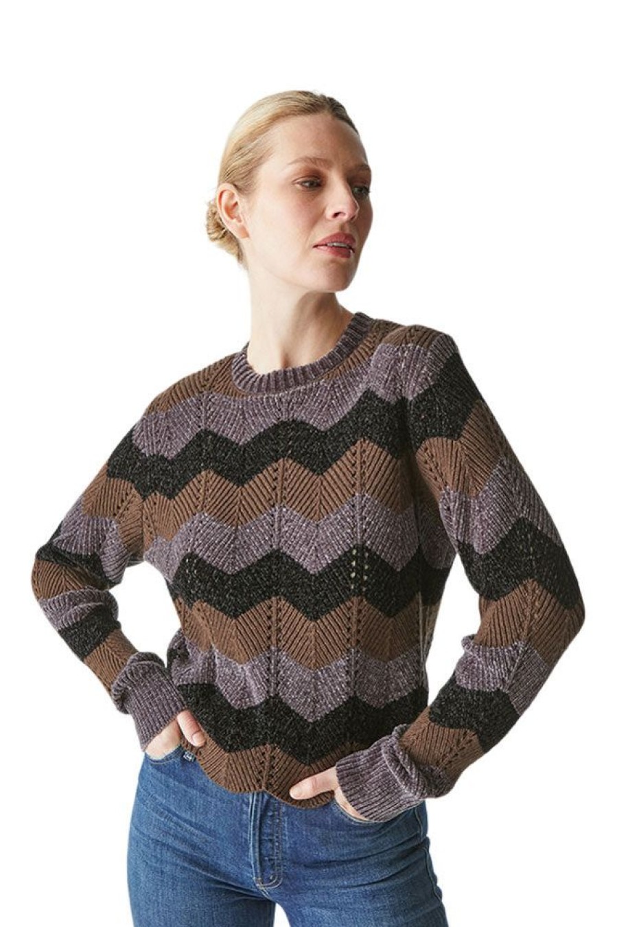 Sweaters MICHAEL STARS | Michael Stars Lakin Chevron Stripe Crop Sweater In Java Combo