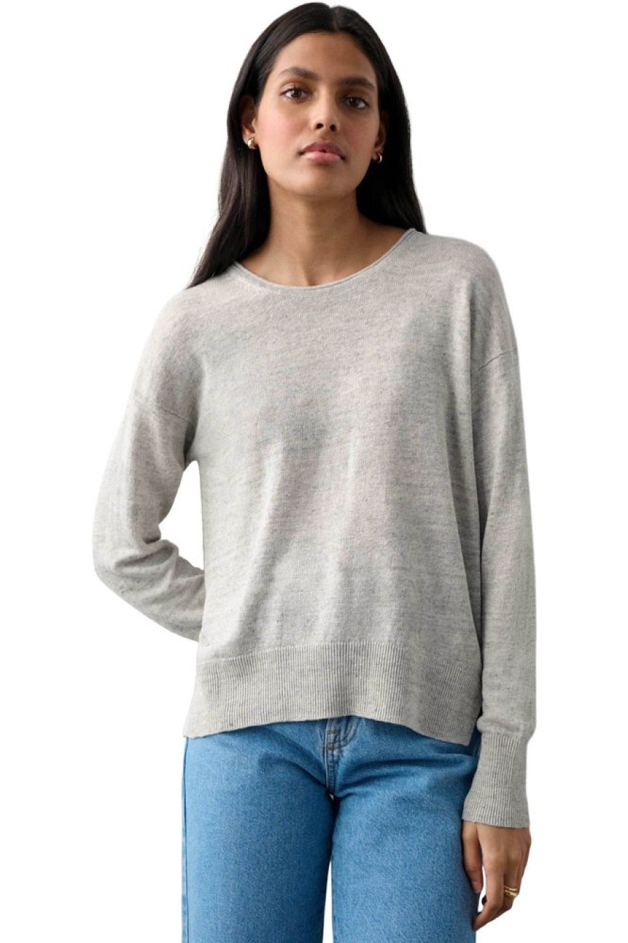 Tops WHITE & WARREN | Warren Linen Rib Trim Crewneck