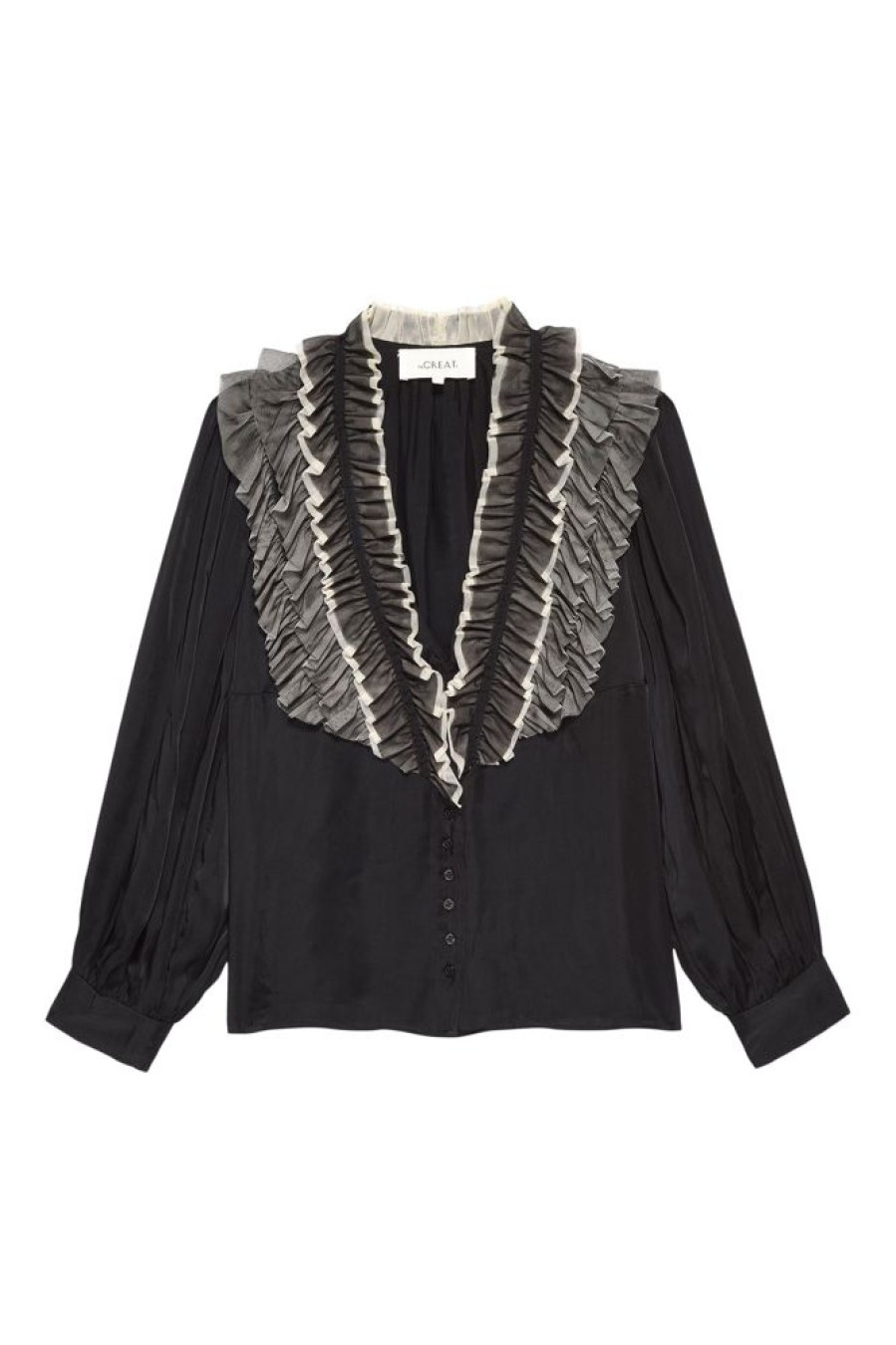 Tops The Great | The Great Ruffled Tuxedo Top In Black Cream