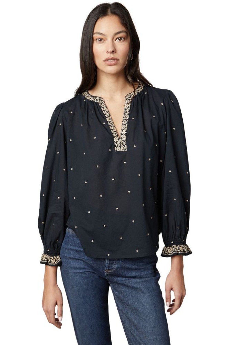 Tops VELVET | Velvet Ania Embroidered Boho Top In Vintage Black