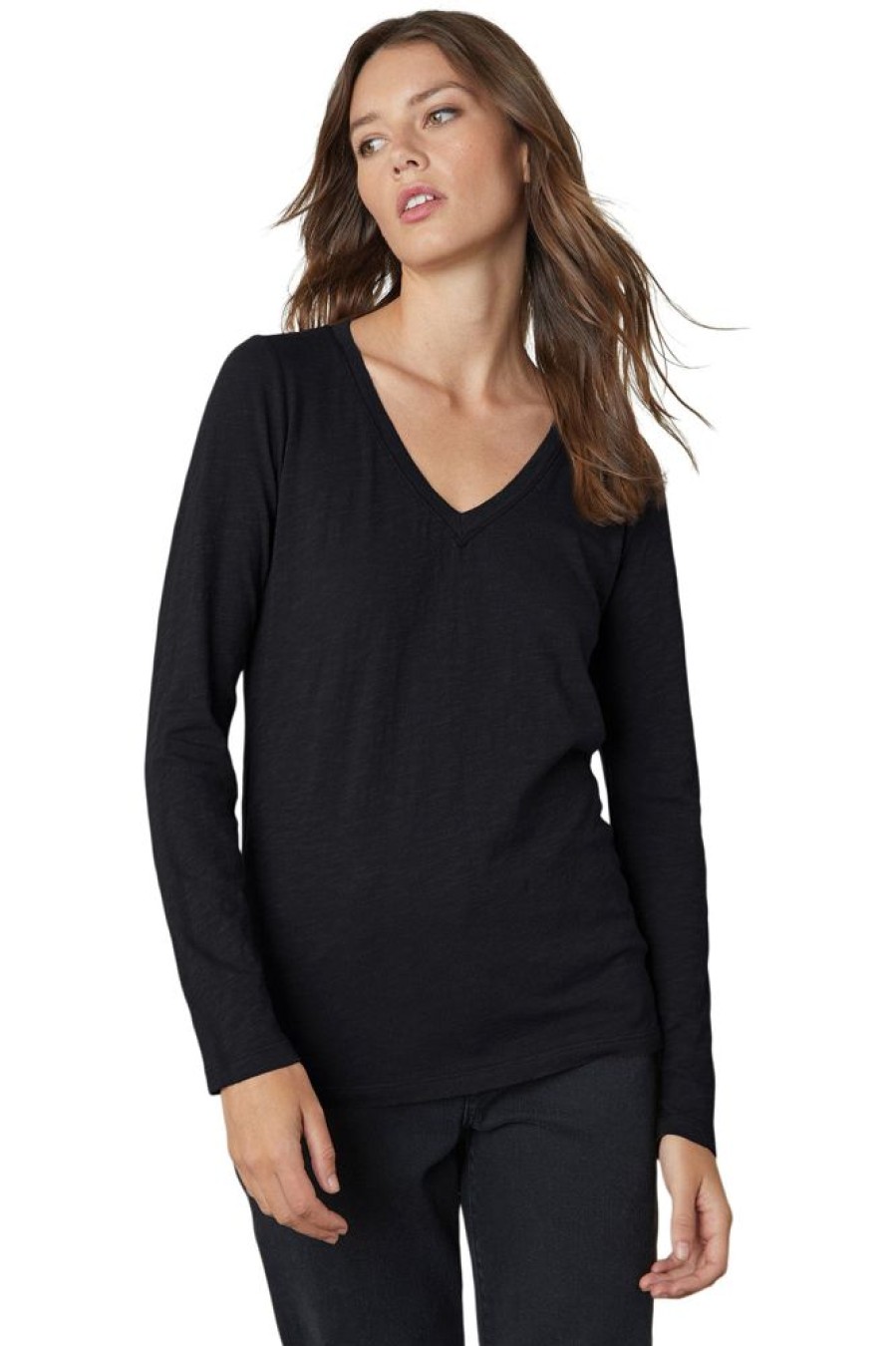 Tops VELVET | Velvet Blaire Cotton Slub Long Sleeve V-Neck Tee