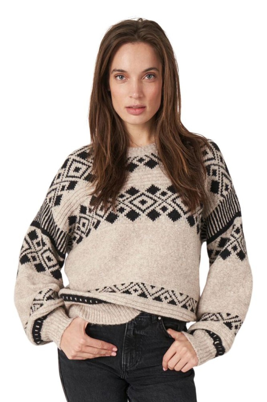 Sweaters REPEAT | Repeat Cashmere Italian Yarn Intarsia Knit Sweater In Sand