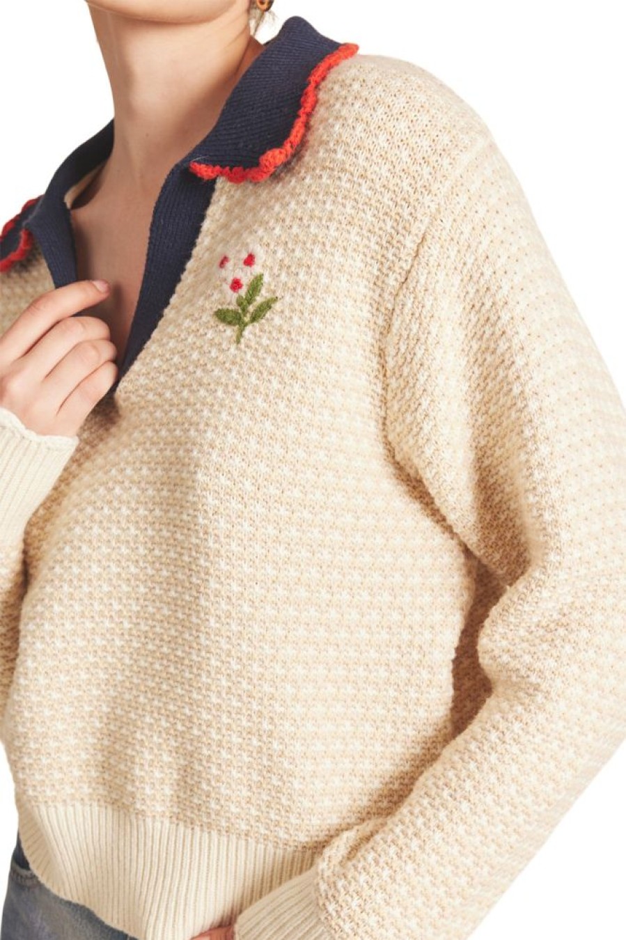 Sweaters Trovata | Trovata Birds Of Paradis Polo Parker Sweater In Antique White