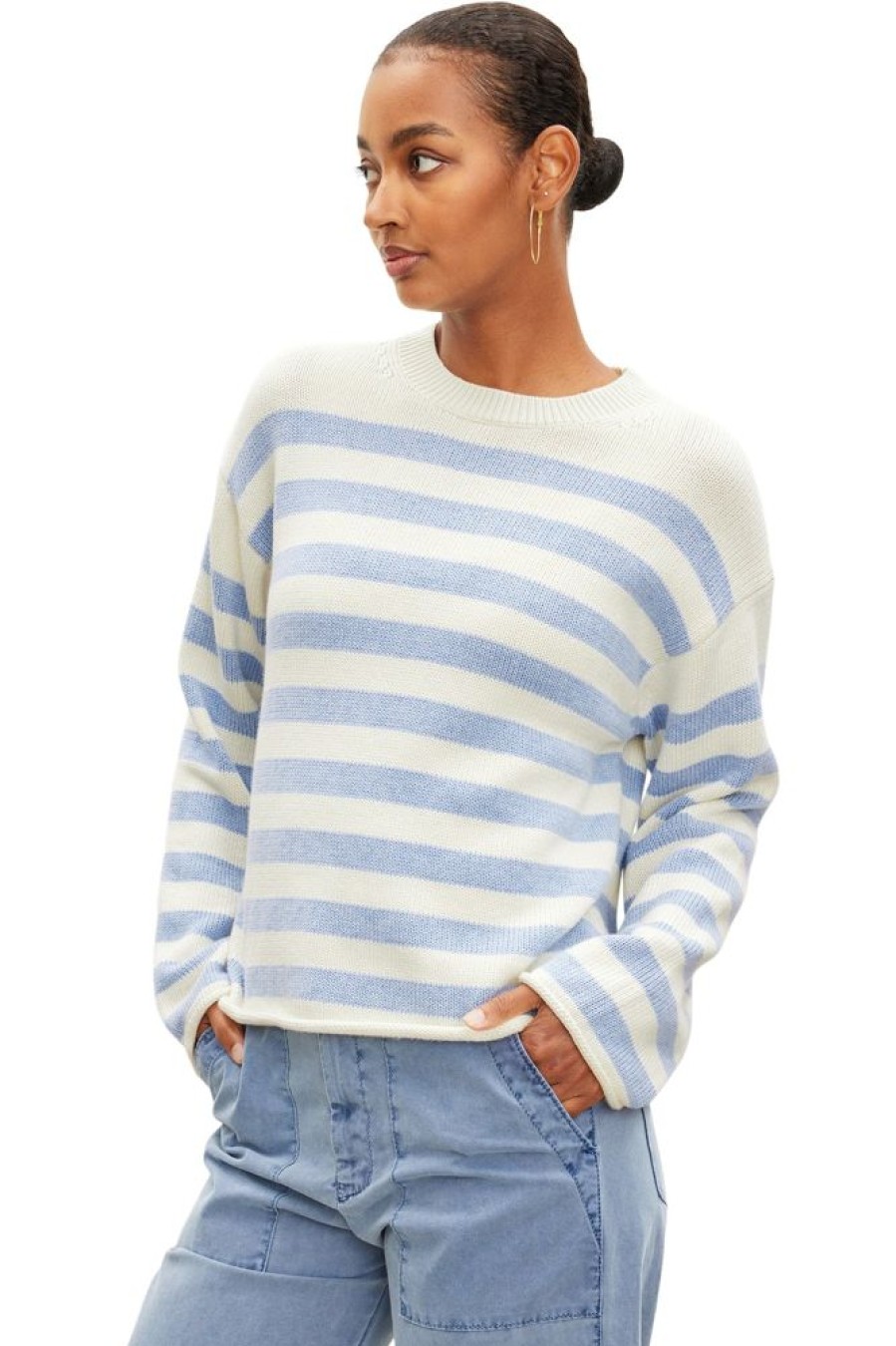 Sweaters VELVET | Velvet Lex Cotton Cashmere Striped Crew In Milk Blue