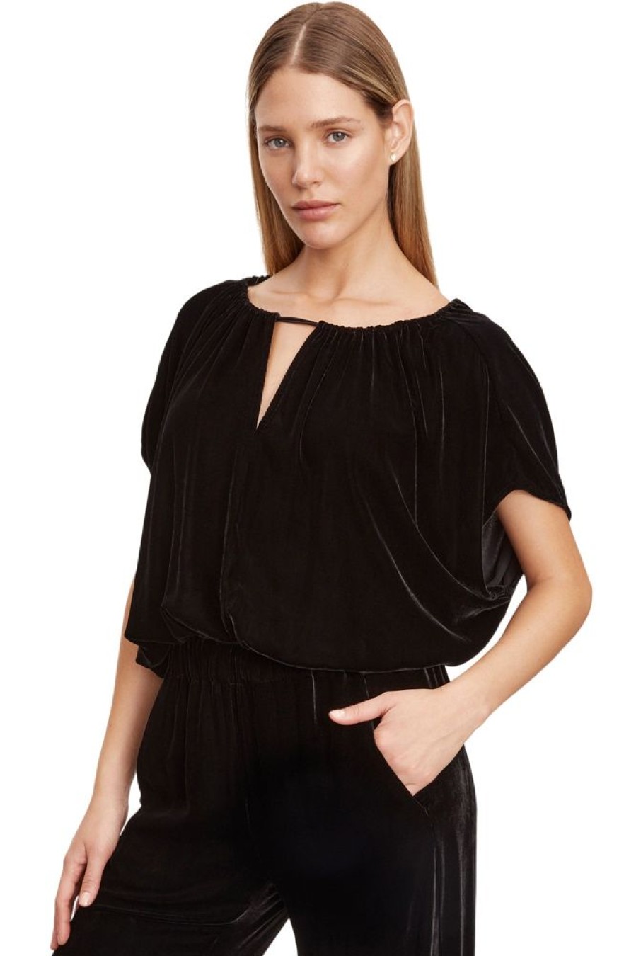 Tops VELVET | Velvet Noa Silk Velvet Wedge Blouse In Black