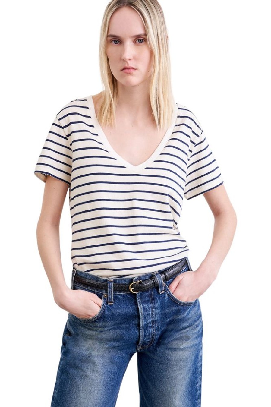 Tops NILI LOTAN | Nili Lotan Carol V-Neck Tshirt In Navy-Natural