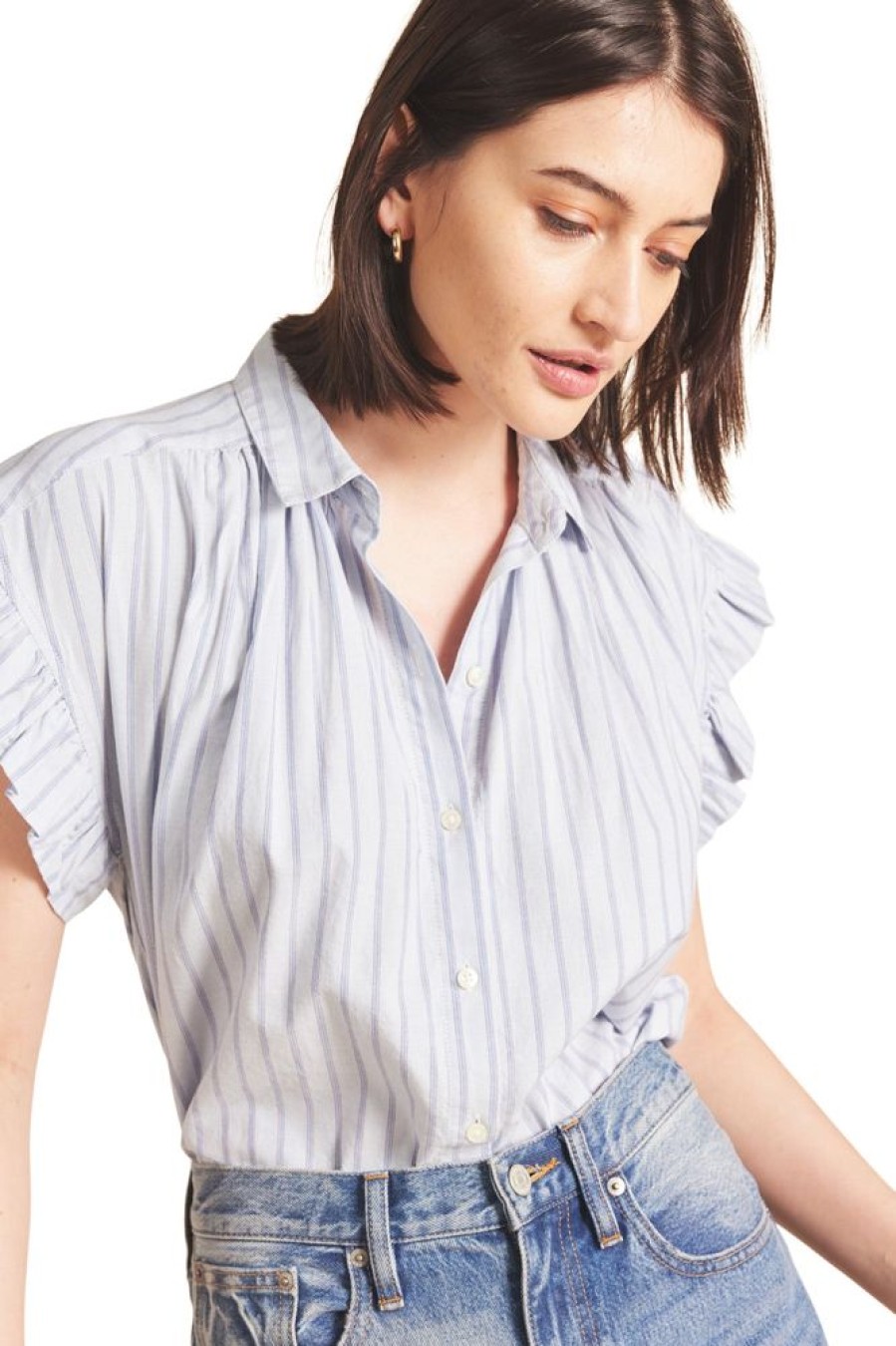 Tops Trovata | Trovata Birds Of Paradis Marianne "B" Blouse In Cambridge Stripe