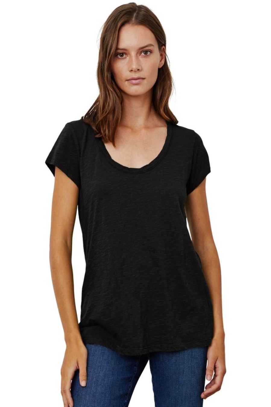 Tops VELVET | Velvet Kira Short Sleeve Soft V-Neck Tee In Black