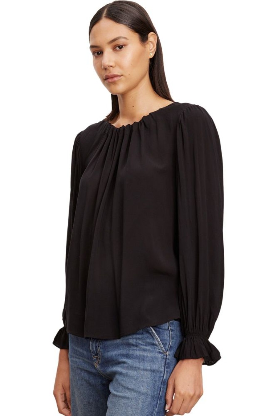 Tops VELVET | Velvet Bristol Long Sleeve Blouse In Black