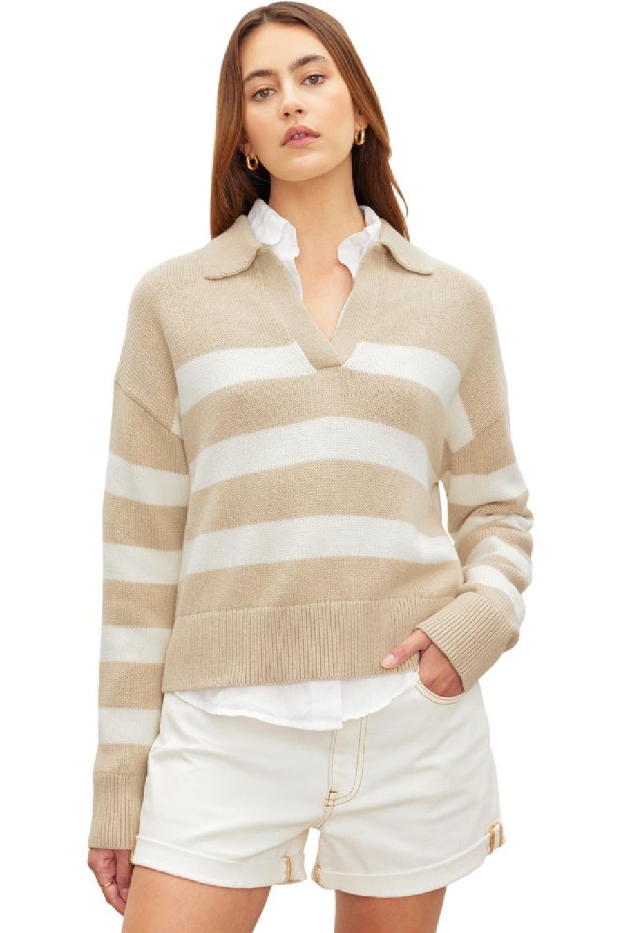 Sweaters VELVET | Velvet Lucie Striped Polo Sweater In Sable Milk