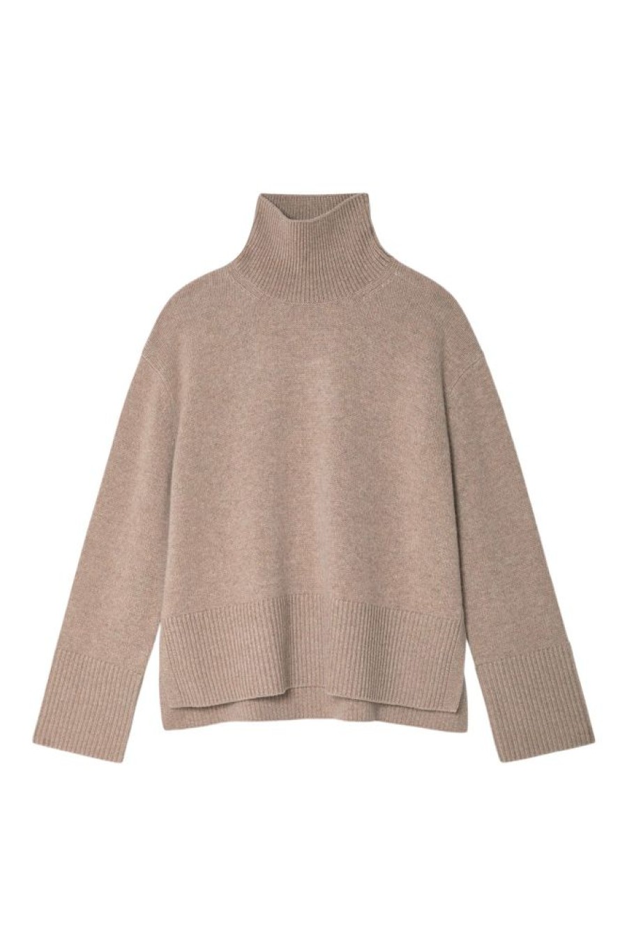 Sweaters WHITE & WARREN | White & Warren Merino Cashmere Ribbed Trim Standneck In Fawn Heather