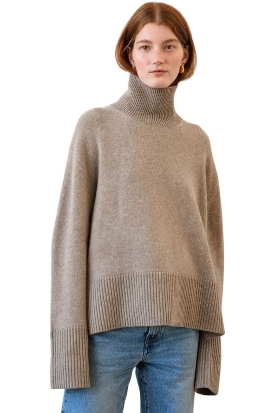 Sweaters WHITE & WARREN | White & Warren Merino Cashmere Ribbed Trim Standneck In Fawn Heather