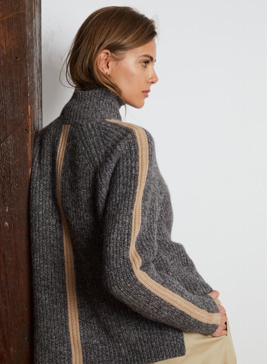 Sweaters AUTUMN CASHMERE | Autumn Cashmere Tipped Tweed Mock With Rib Raglan Detail In Asphalt-Cork Combo