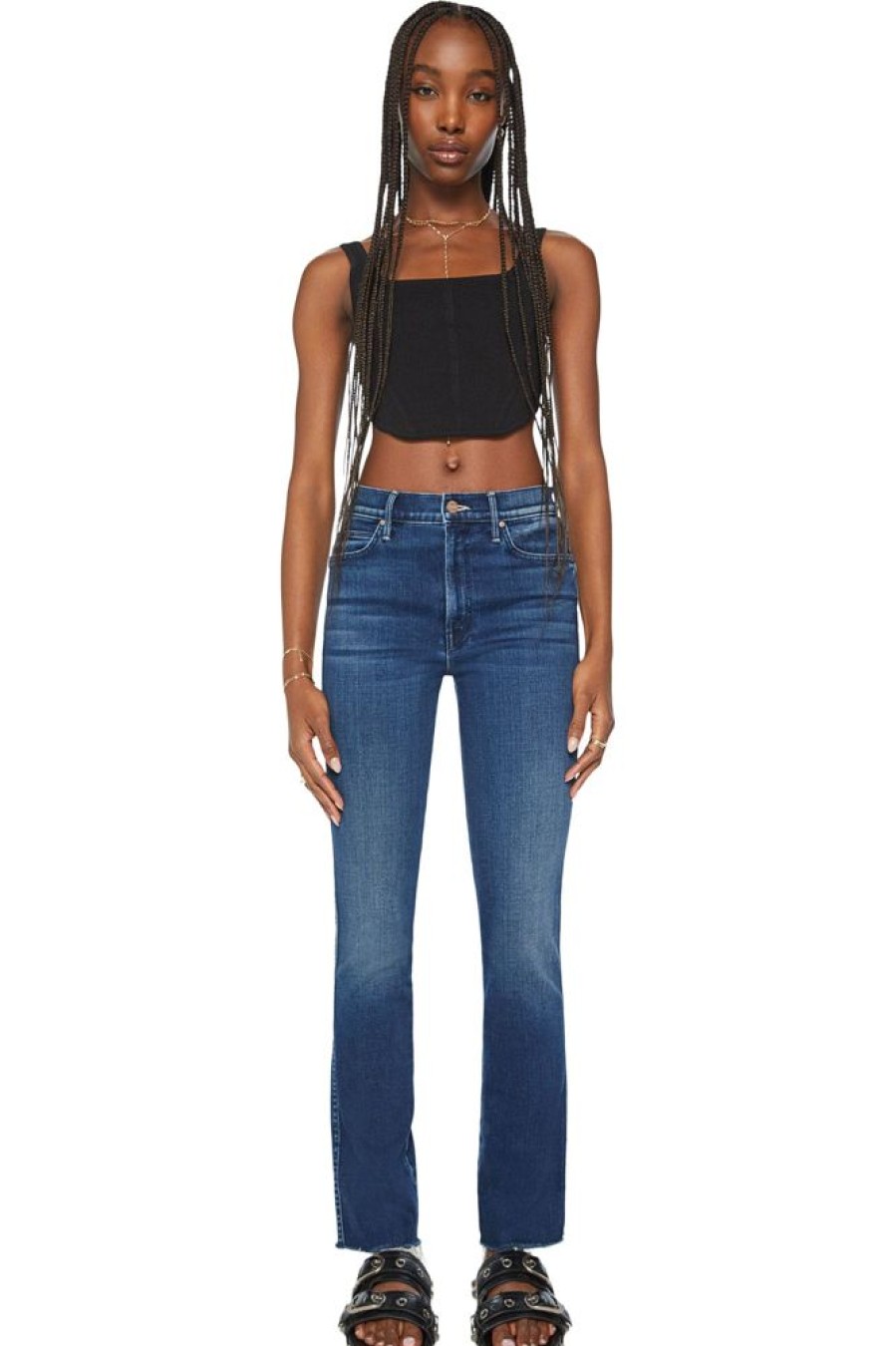 Denim Mother Denim | Mother Denim High Waisted Rascal Slice Sneak Fray In Sake To Me