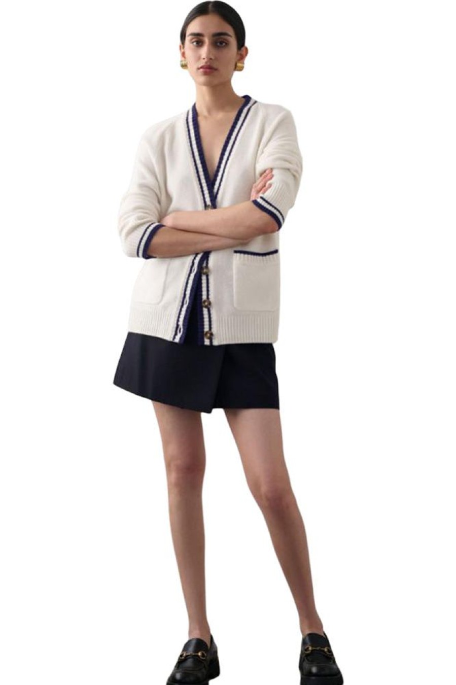 Sweaters WHITE & WARREN | White & Warren Cashmere Varsity Cardigan In Soft White-Navy