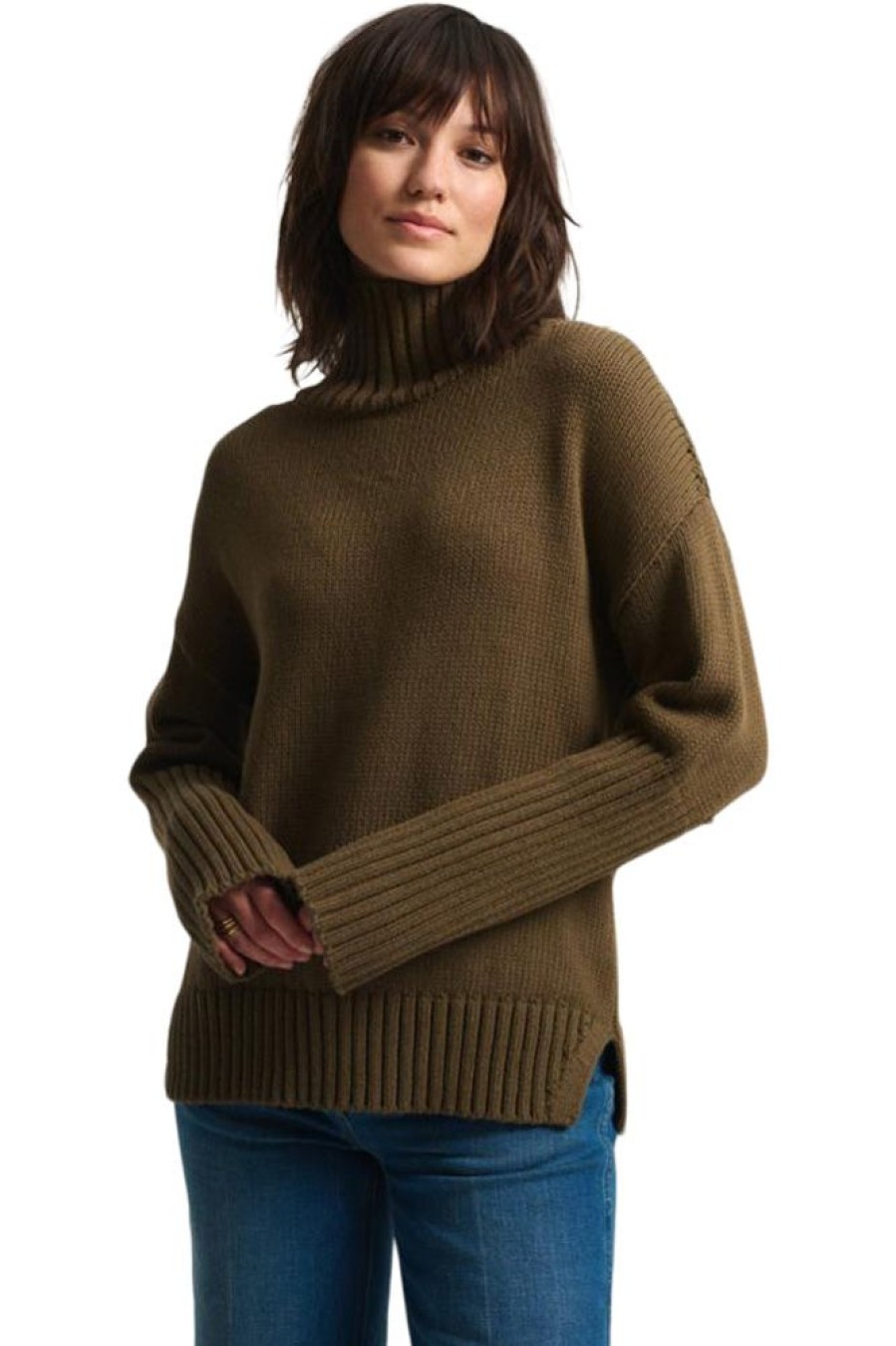 Sweaters WHITE & WARREN | White & Warren Cotton High Neck Ribbed Turtleneck Sweater In Deep Olive