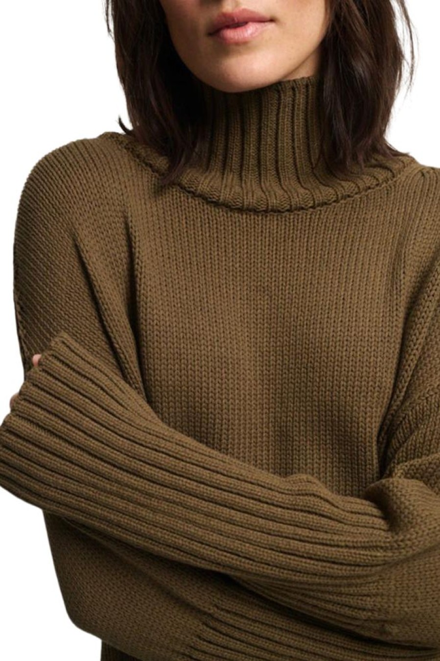 Sweaters WHITE & WARREN | White & Warren Cotton High Neck Ribbed Turtleneck Sweater In Deep Olive