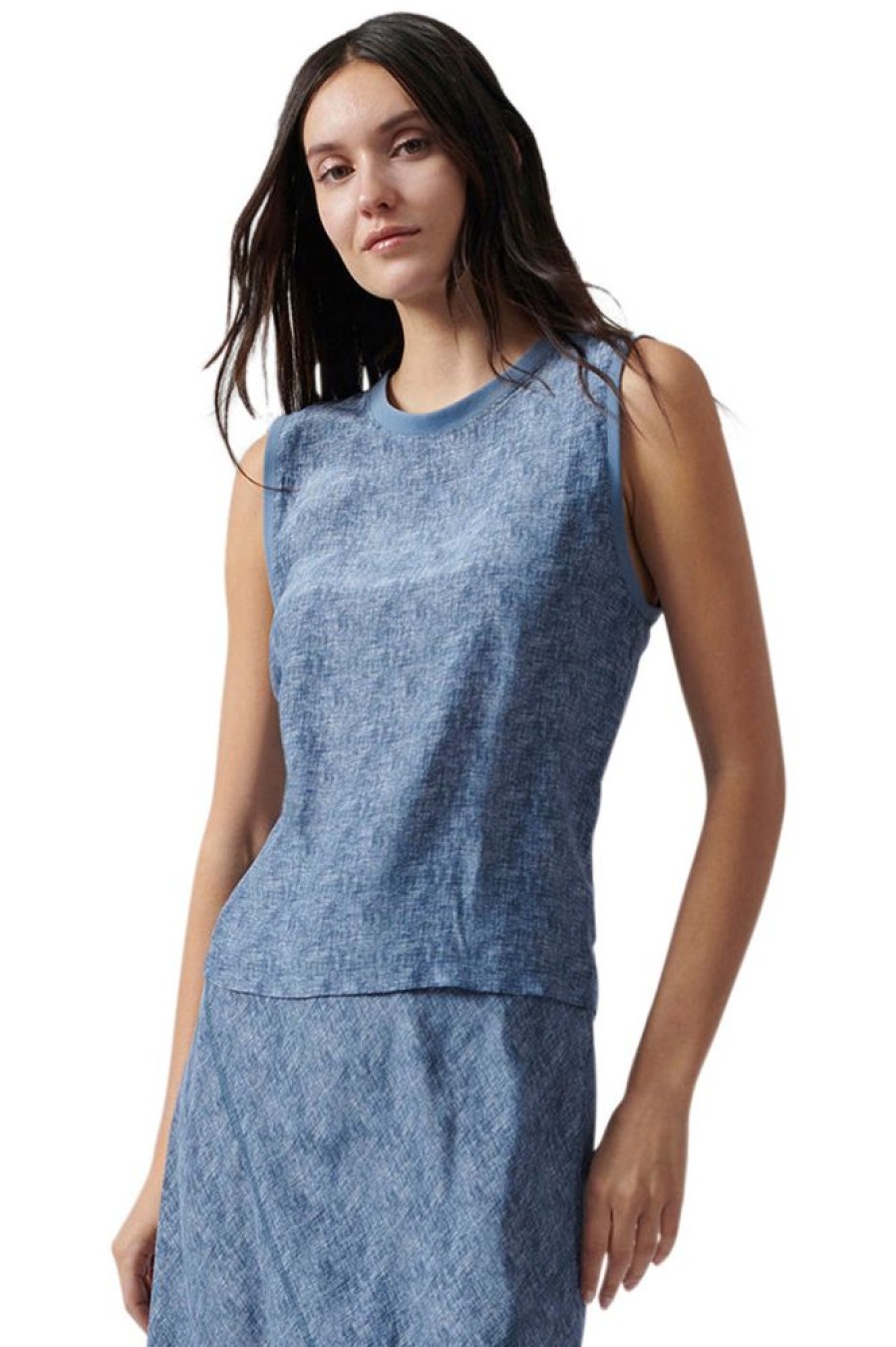 Tops ATM AnthonyThomas Melillo | Atm Silk Charmeuse Sleeveless Muscle Tee In Naval Blue Combo