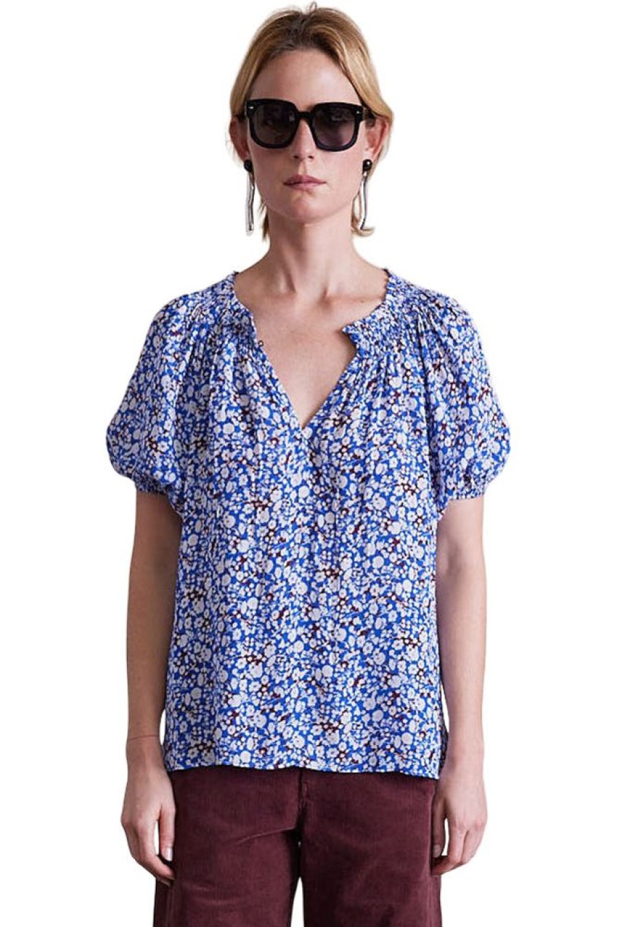 Tops Apiece Apart | Apiece Apart Esparta Short Sleeve In Piet Floral Blue