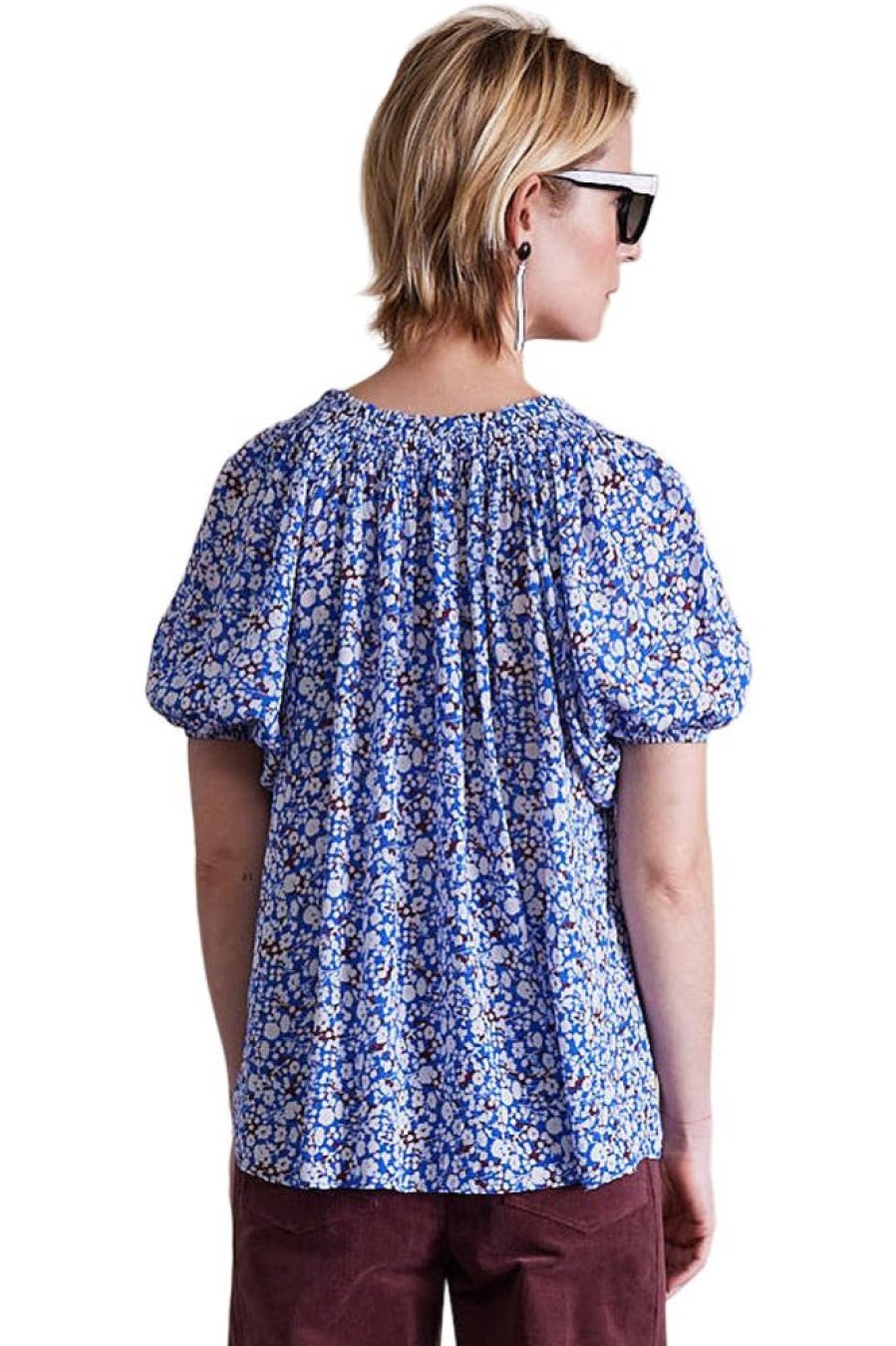 Tops Apiece Apart | Apiece Apart Esparta Short Sleeve In Piet Floral Blue