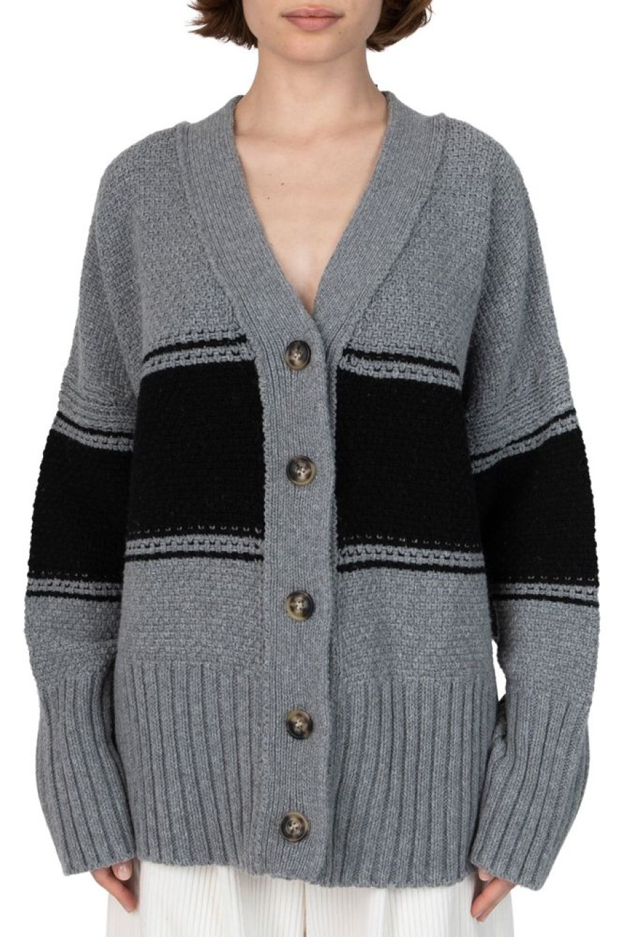 Sweaters ATM AnthonyThomas Melillo | Atm Merino Wool Blend Oversized Cardigan In Cloud Grey - Black