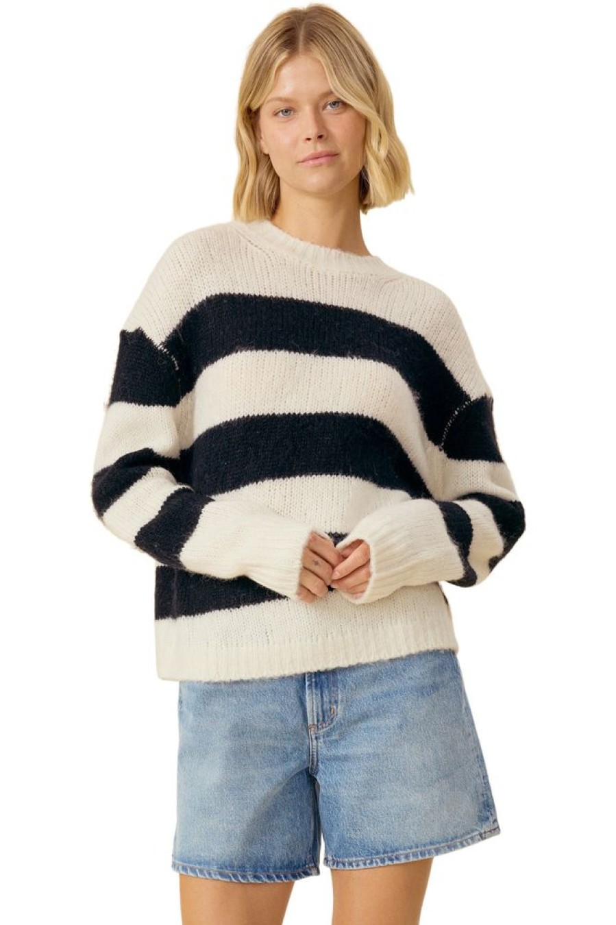 Sweaters One Grey Day | One Grey Day Bardot Striped Sweater In Ivory Combo