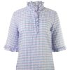 Tops Never A Wallflower | Never A Wallflower Ruffle Collar Henley Top In Pink Blue Check Pink & Blue Check