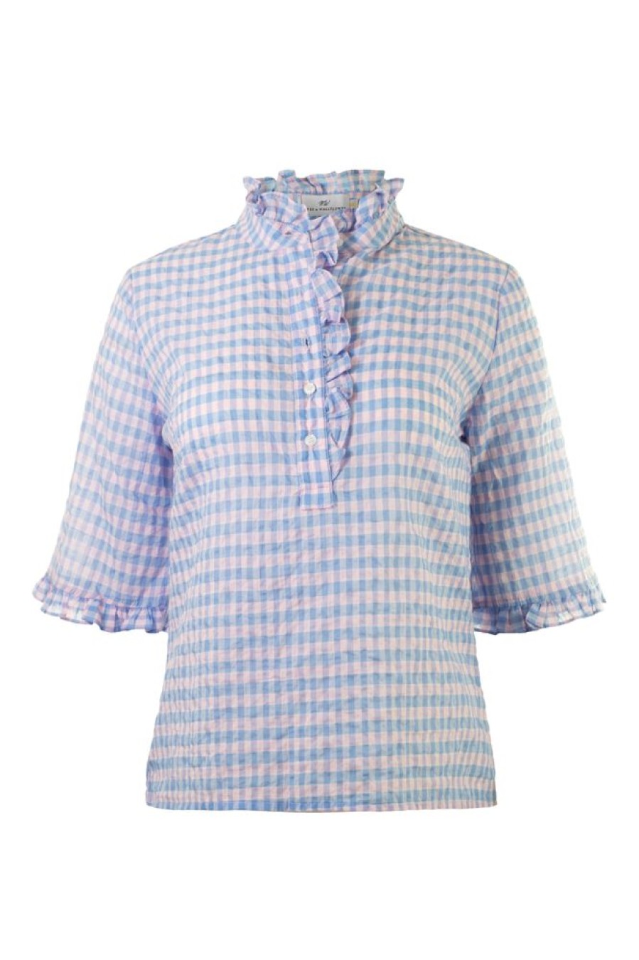 Tops Never A Wallflower | Never A Wallflower Ruffle Collar Henley Top In Pink Blue Check Pink & Blue Check