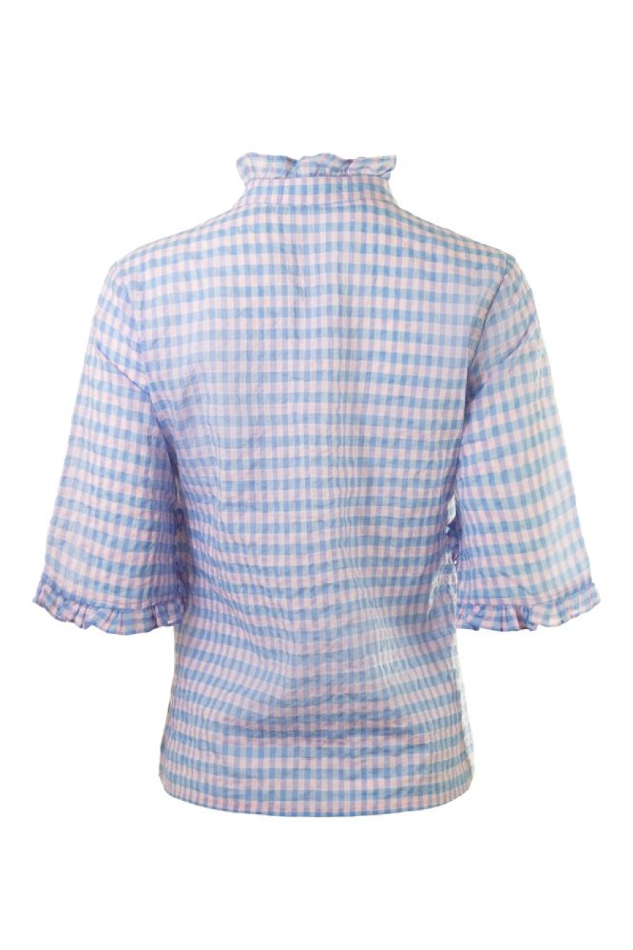 Tops Never A Wallflower | Never A Wallflower Ruffle Collar Henley Top In Pink Blue Check Pink & Blue Check