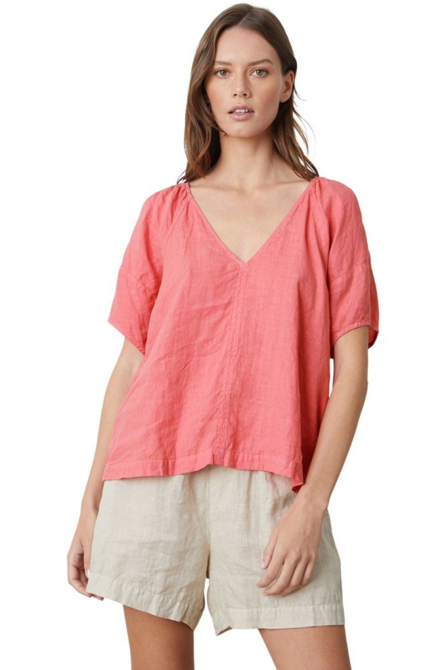 Tops VELVET | Velvet Callin Woven Linen Short Sleeve Top In Rosebay