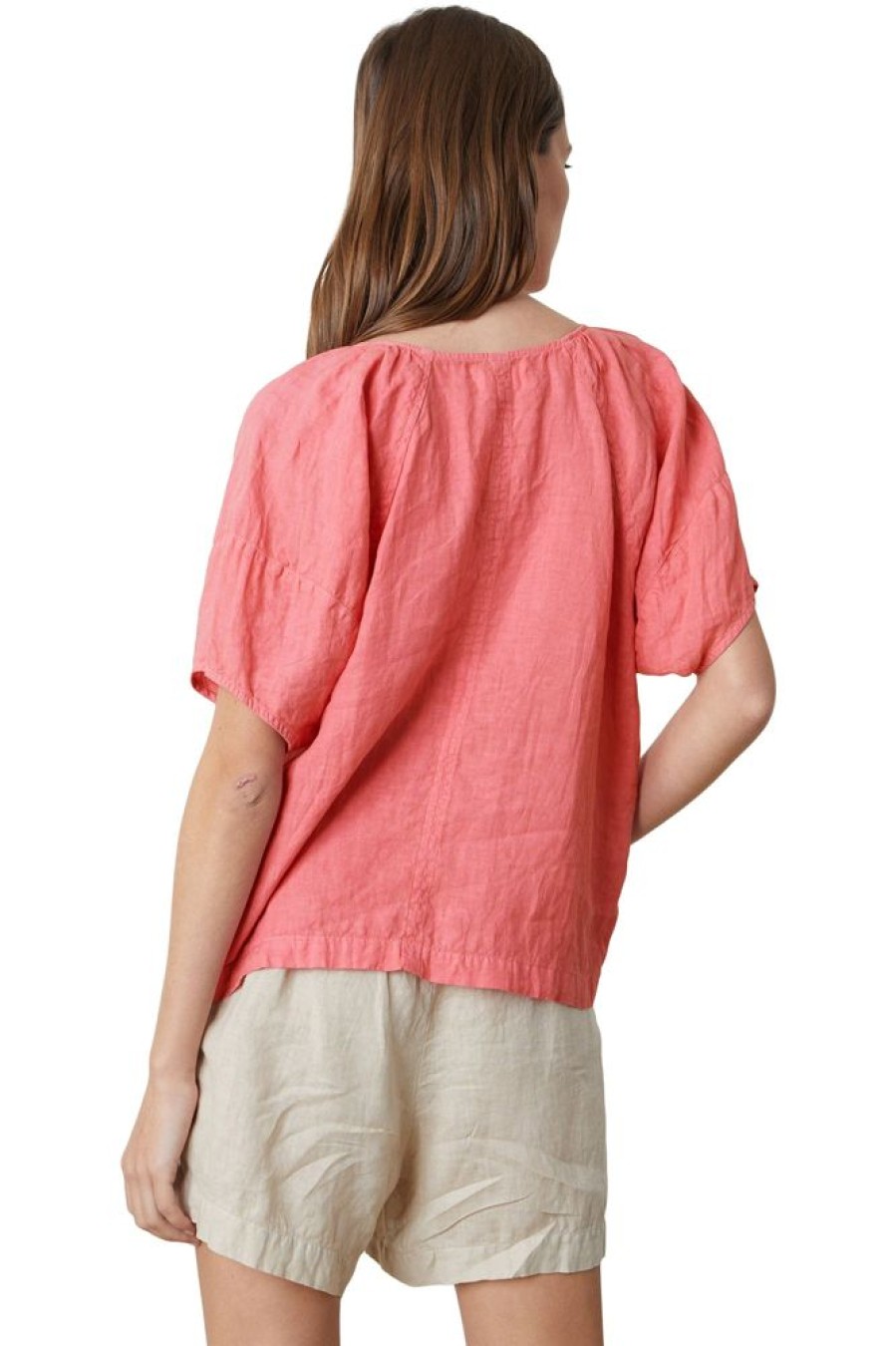 Tops VELVET | Velvet Callin Woven Linen Short Sleeve Top In Rosebay